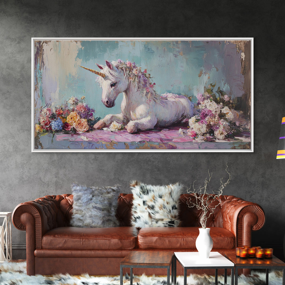 White Unicorn With Floral Garland Canvas Print, Fantasy Nursery Wall Art, Whimsical Girls Room Decor, Magical Gift For Her