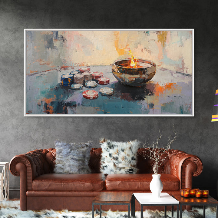 Glowing Candle Bowl And Poker Chips Canvas Print, Game Room Art, Bar Decor, Man Cave Decor, Moody Still Life, Gift For Him