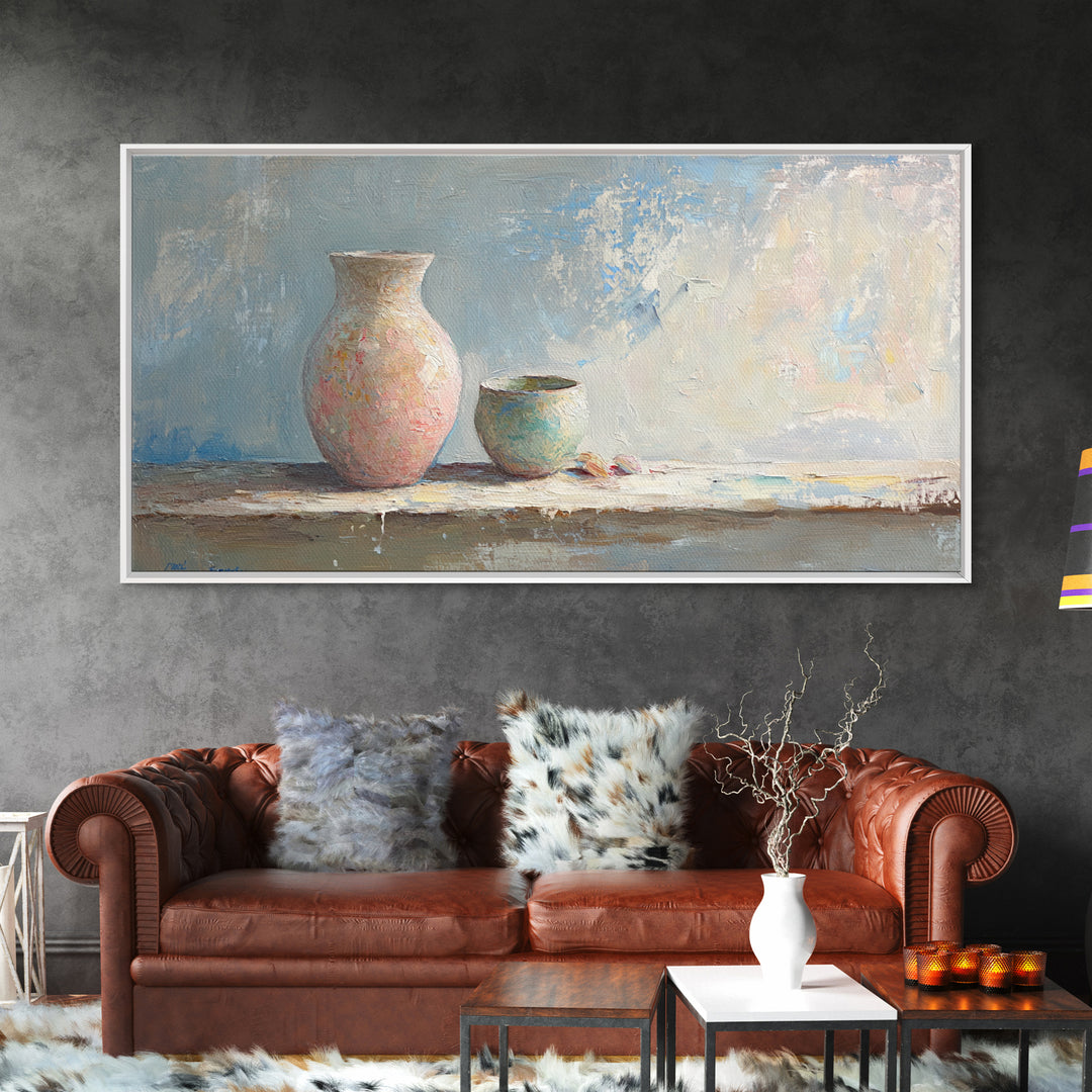 Pastel Ceramic Vase And Small Pot Wall Art, Minimalist Still Life, Neutral Home Decor, Modern Farmhouse Art, Living Room Decor
