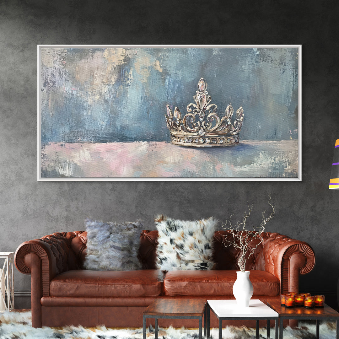 Silver Crown Still Life Wall Art, Princess Room Decor, Elegant Feminine Canvas Painting, Luxury Bedroom Gallery Wall Fine Art Print