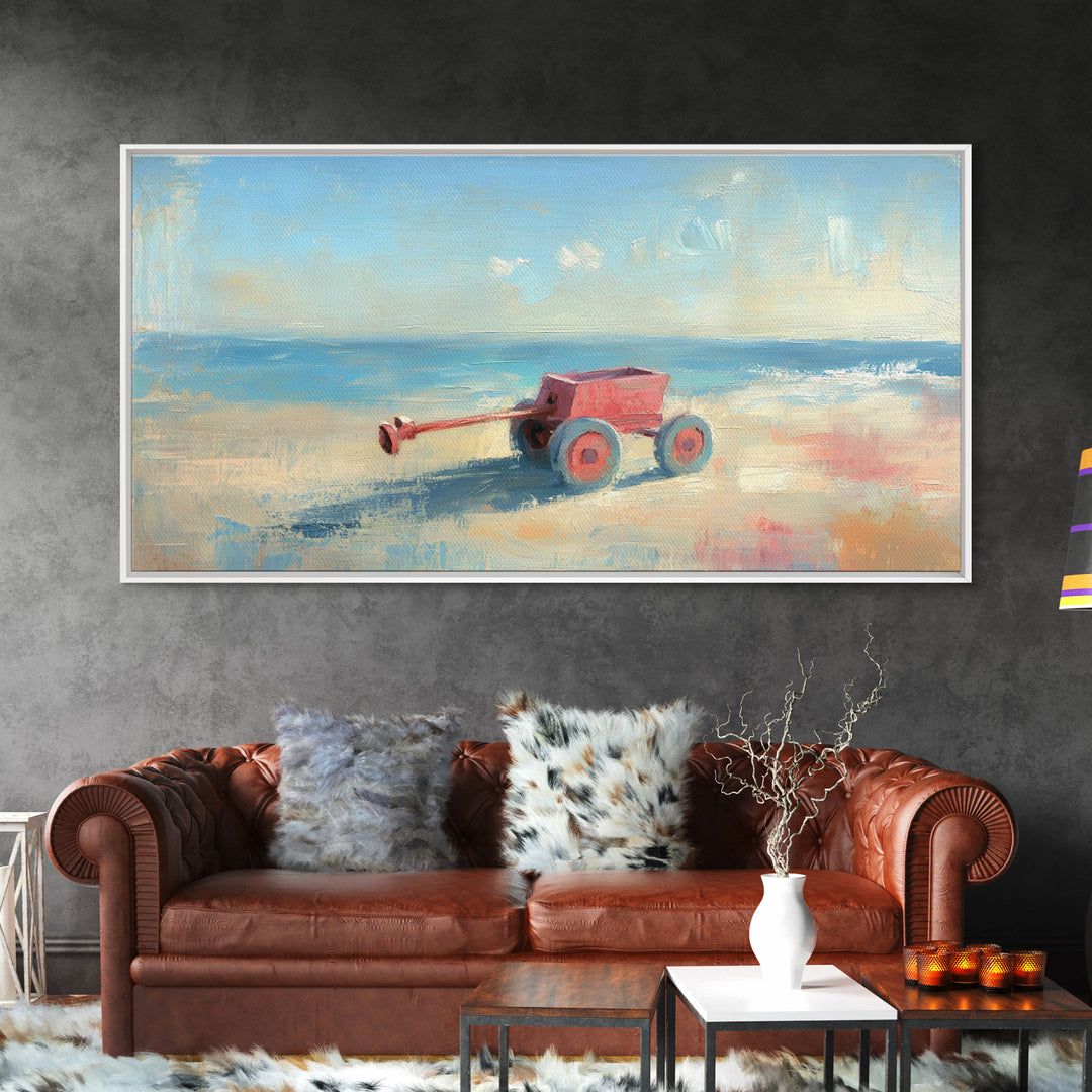 Red Toy Wagon On Sandy Beach Canvas Print, Coastal Nursery Wall Art, Whimsical Ocean Decor, Summer Kids Room Decor Print
