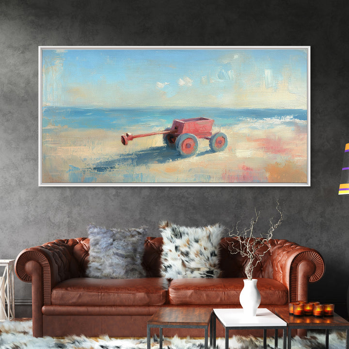 Red Toy Wagon On Sandy Beach Canvas Print, Coastal Nursery Wall Art, Whimsical Ocean Decor, Summer Kids Room Decor Print