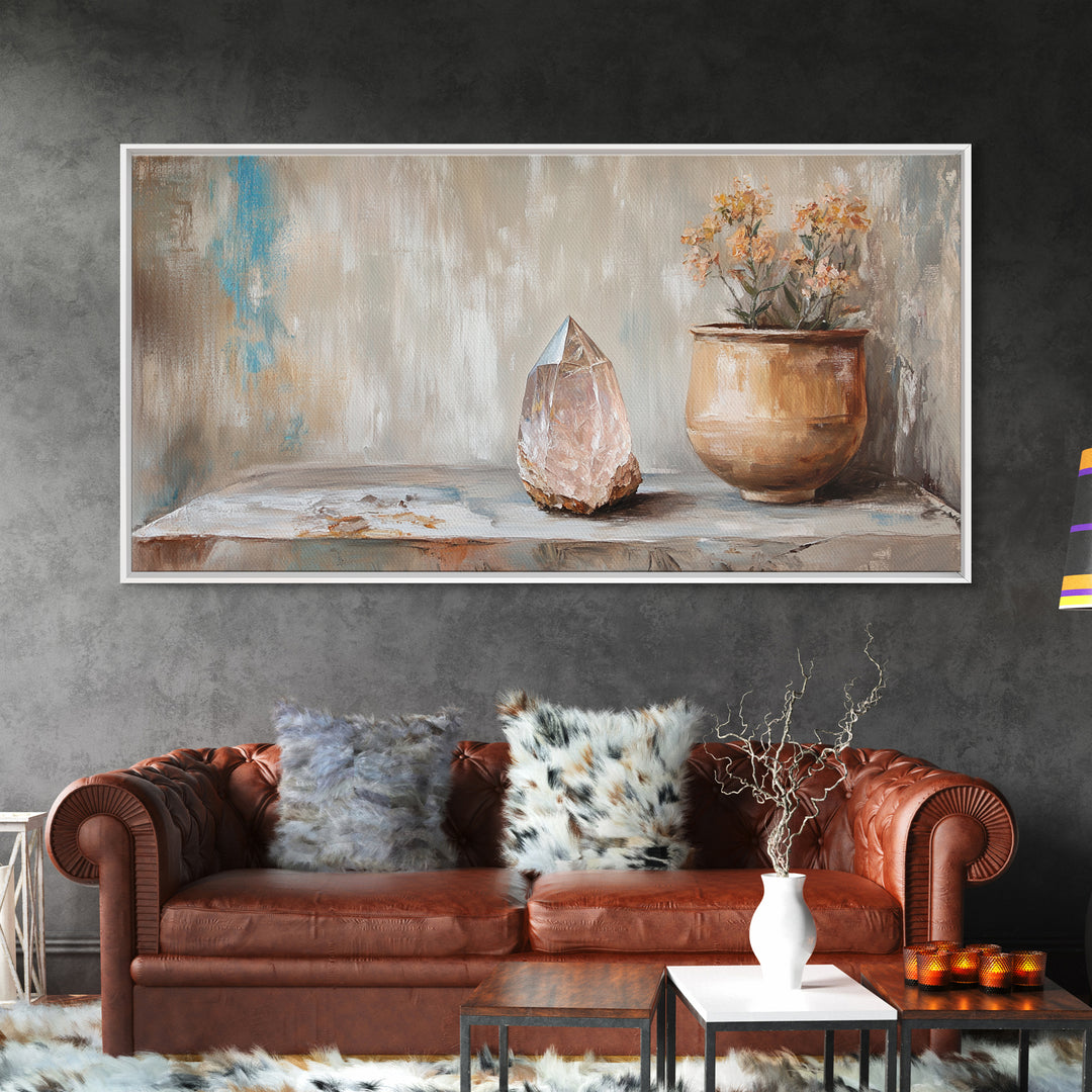 Rose Quartz Crystal And Potted Flowers Wall Art, Zen Still Life Painting, Earth Tone Boho Decor, Spiritual Canvas Print, Unique Gift