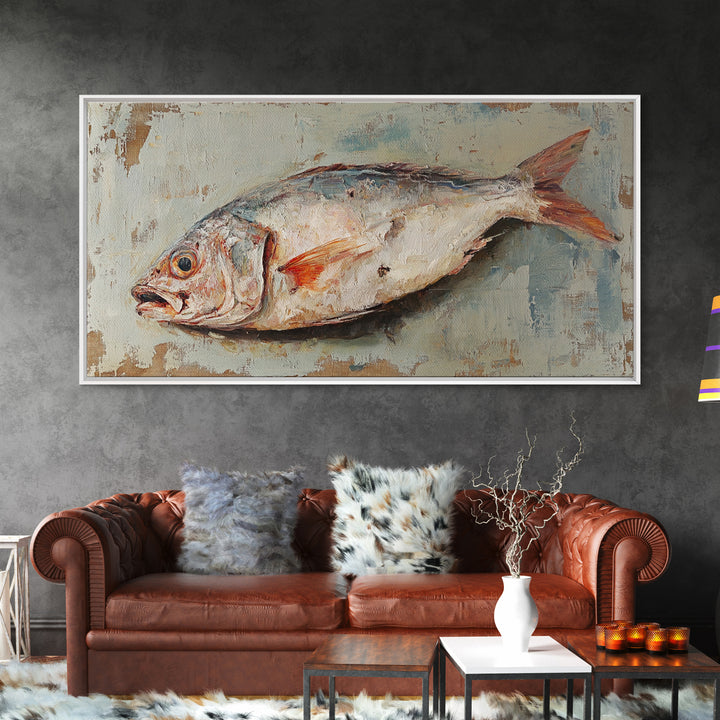 Rustic Whole Fish Oil Painting Wall Art, Coastal Kitchen Decor, Seafood Still Life, Nautical Dining Room Canvas Art Print