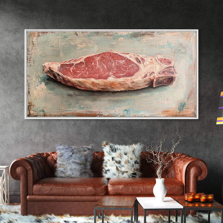 Raw Steak Oil Painting Canvas Print, Butcher Shop Kitchen Wall Art, Rustic Food Decor, Dining Room Art For Chefs, Restaurant Decor