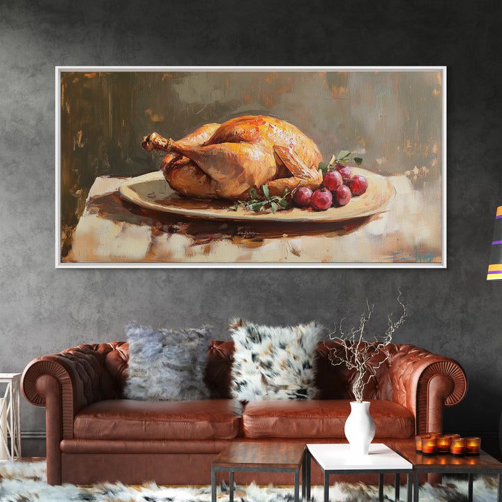 Roast Chicken And Grapes Oil Painting Wall Art, Rustic Kitchen Decor, Foodie Gift, Farmhouse Dining Room Canvas Print For Chefs
