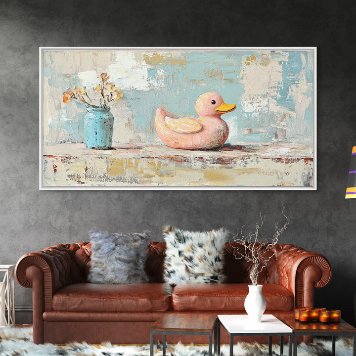 Whimsical Pink Duck With Flowers Canvas Print, Cute Bathroom Wall Art, Nursery Decor, Playroom Art, Gift For Her, Kids Room Decor