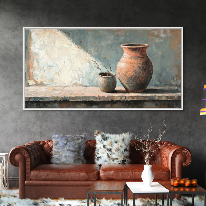 Rustic Terracotta Vase Still Life Wall Art, Earth Tone Kitchen Decor, Farmhouse Canvas Print, Warm Neutral Living Room Art