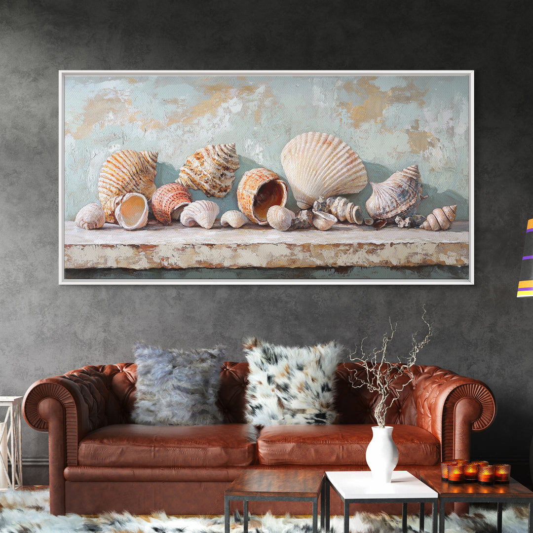 Neutral Seashell Still Life Framed Canvas Print, Coastal Wall Art, Beach House Decor, Ocean Wall Decor, Large Art Print Gift