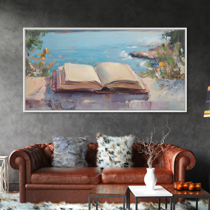 Open Book By The Lake Wall Art, Reading Nook Decor, Literary Art Print, Coastal Landscape Canvas, Book Lover Gift, Home Decor