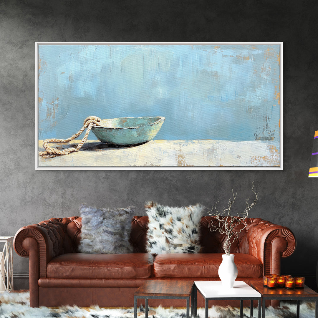 Weathered Blue Bowl With Rope Nautical Wall Art, Coastal Home Decor, Beach House Canvas Print, Minimalist Ocean Wall Decor