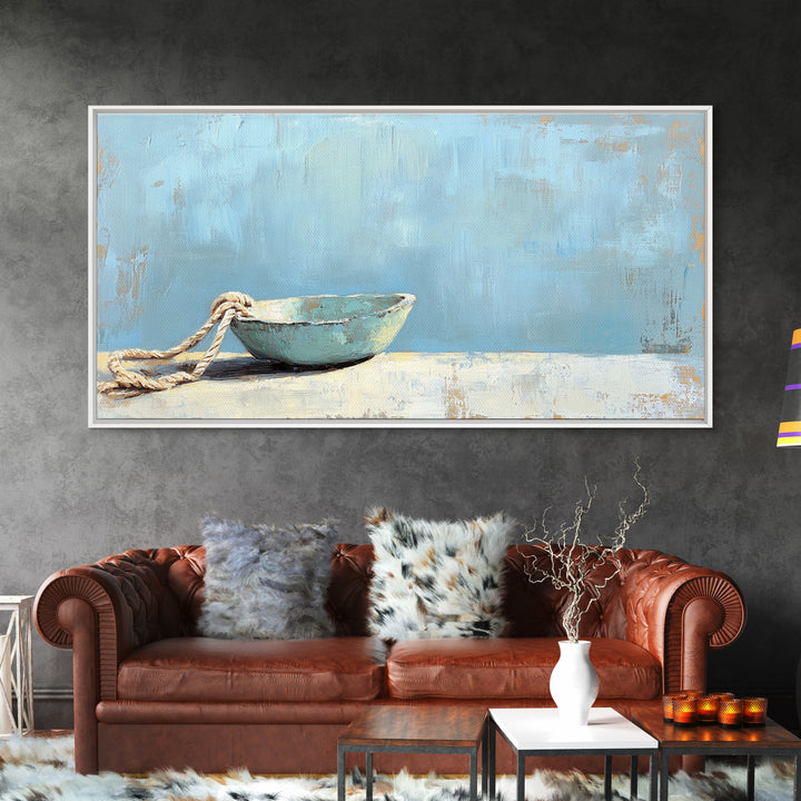 Weathered Blue Bowl With Rope Nautical Wall Art, Coastal Home Decor, Beach House Canvas Print, Minimalist Ocean Wall Decor