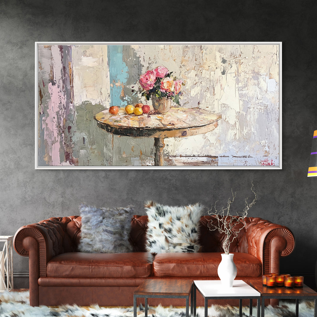 Round Cafe Table With Roses And Fruit Wall Art, French Country Kitchen Decor, Floral Still Life Canvas Print, Housewarming Gift