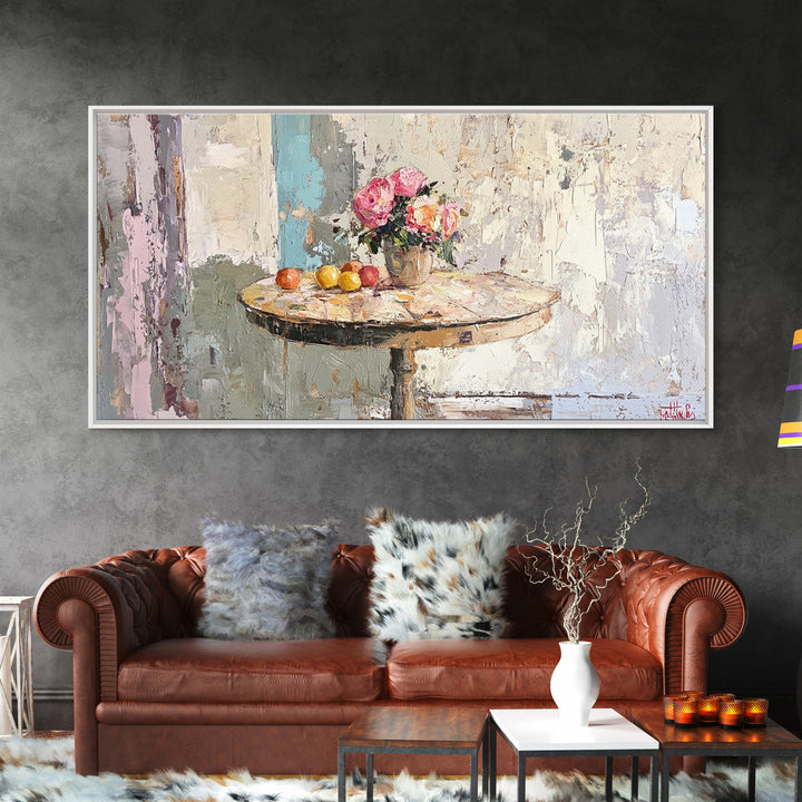 Round Cafe Table With Roses And Fruit Wall Art, French Country Kitchen Decor, Floral Still Life Canvas Print, Housewarming Gift