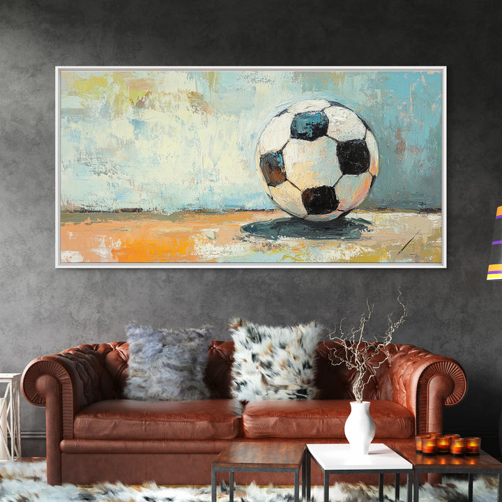 Classic Soccer Ball On Blue Abstract Background Wall Art, Sports Room Decor, Game Room Canvas Print, Gift For Him, Kids Room Art