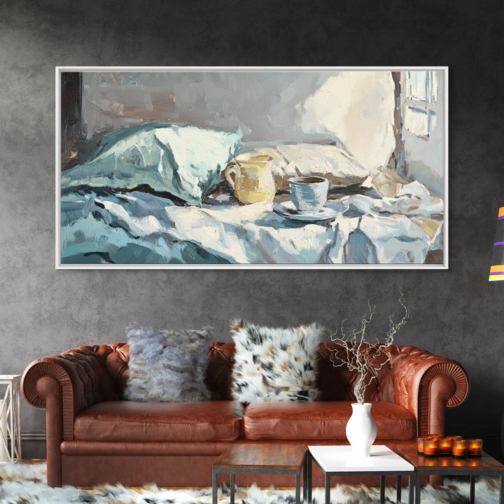 Morning Coffee In Bed With Blue Linens Wall Art, Cozy Bedroom Canvas Print, Guest Room Decor, Above Bed Art Gift For Her