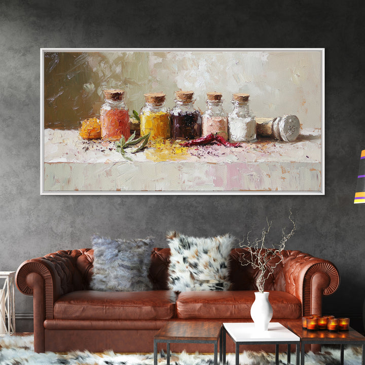 Kitchen Spice Bottles With Chili And Herbs Wall Art, Rustic Canvas Print, Foodie Kitchen Decor, Dining Room Art Gift For Chef