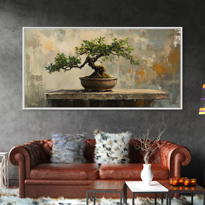 Textured Bonsai Tree In Rustic Pot Framed Canvas Print, Japandi Zen Home Decor, Nature Wall Art, Office Decor Housewarming Gift