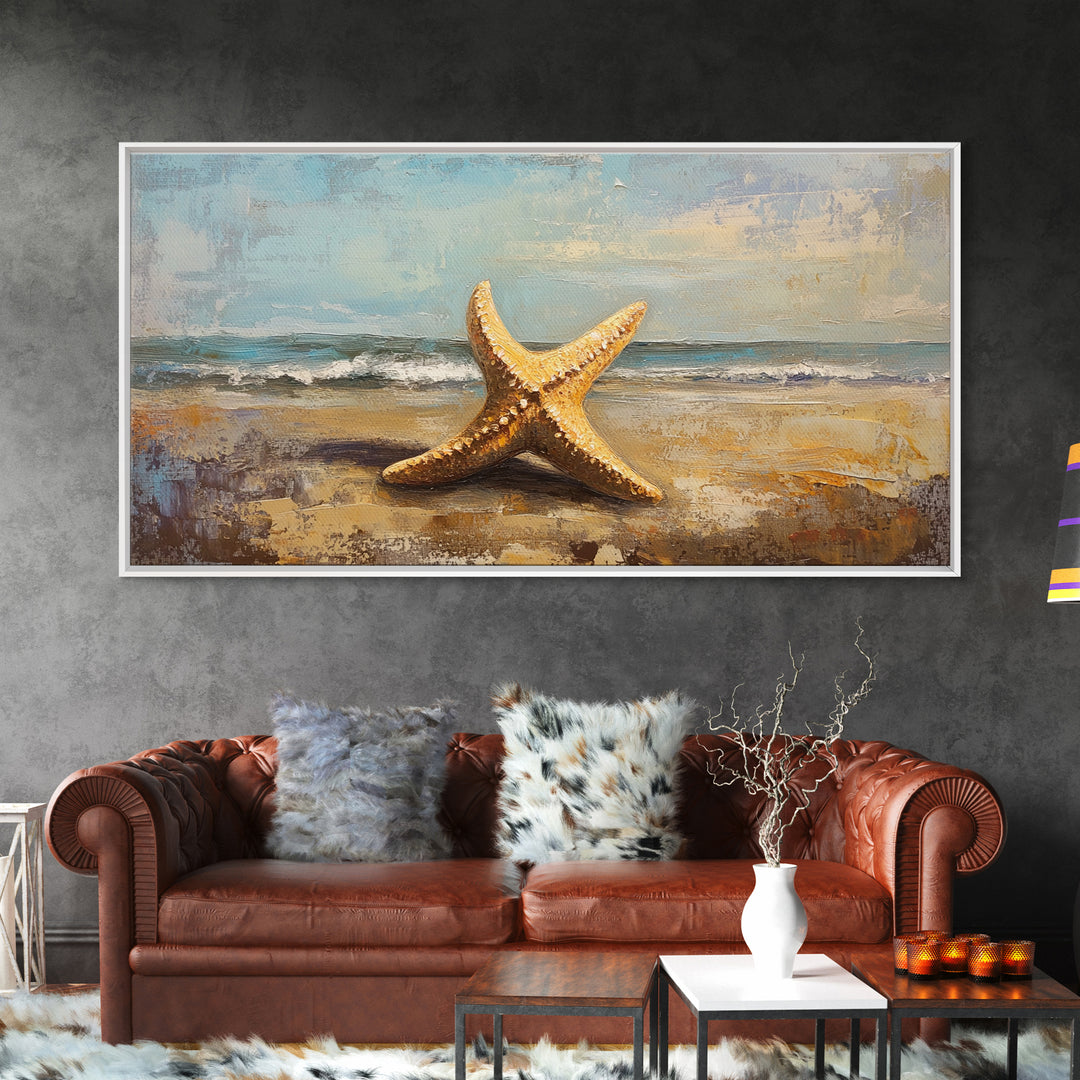 Golden Starfish On Sandy Beach Canvas Print, Coastal Wall Art, Ocean Wall Decor, Beach House Decor, Summer Home Decor Gift