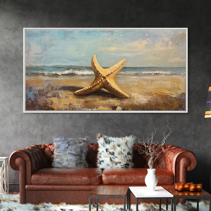 Golden Starfish On Sandy Beach Canvas Print, Coastal Wall Art, Ocean Wall Decor, Beach House Decor, Summer Home Decor Gift
