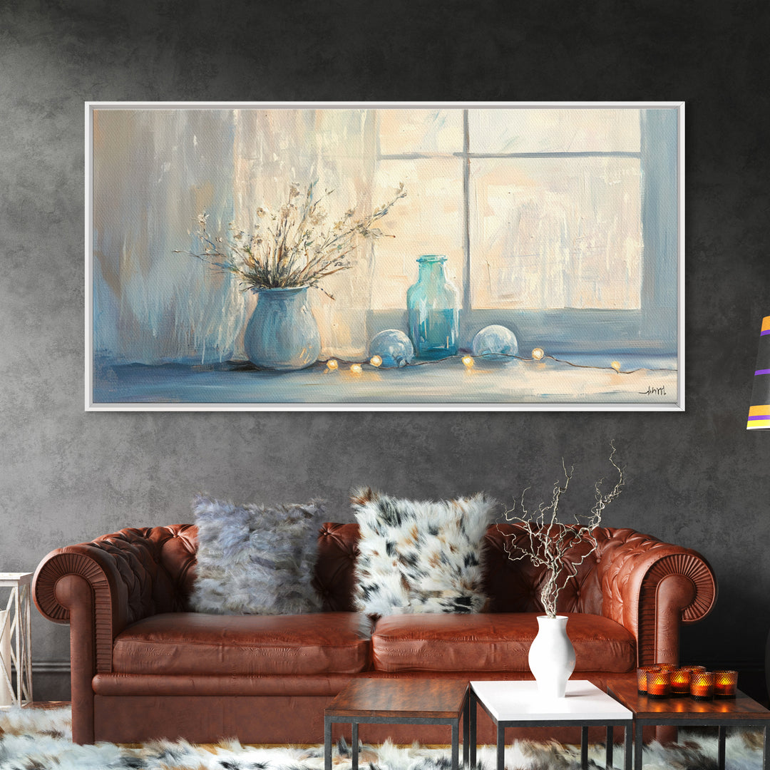 Soft Blue Window Still Life With Vase Canvas Print, Calming Wall Art, Cozy Bedroom Decor, Neutral Home Decor Gift For Her