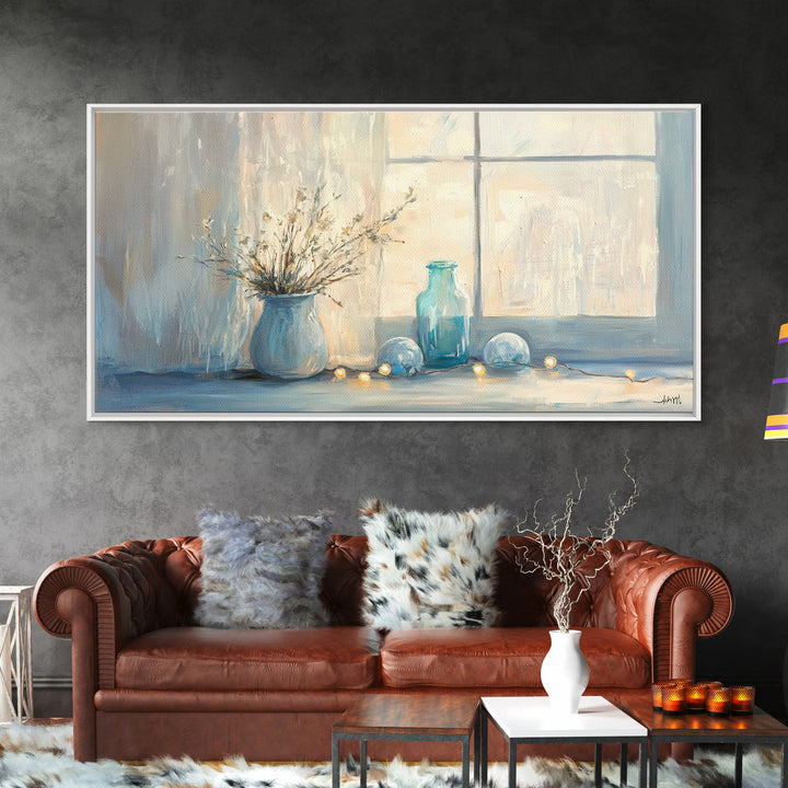 Soft Blue Window Still Life With Vase Canvas Print, Calming Wall Art, Cozy Bedroom Decor, Neutral Home Decor Gift For Her