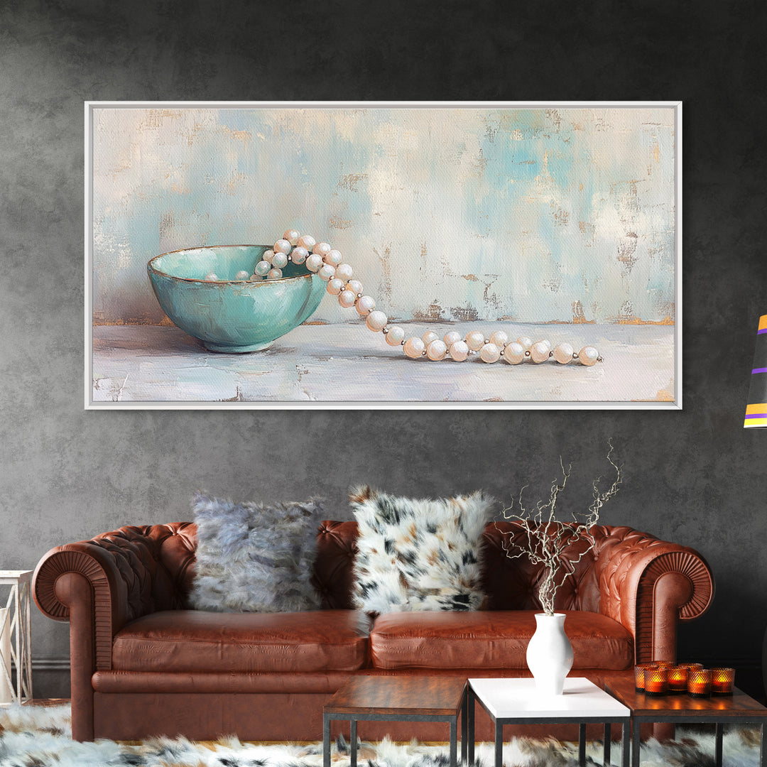 Turquoise Bowl With Pearl Strand Wall Art, Feminine Still Life Art Print, Coastal Bathroom Decor, Elegant Home Decor Gift