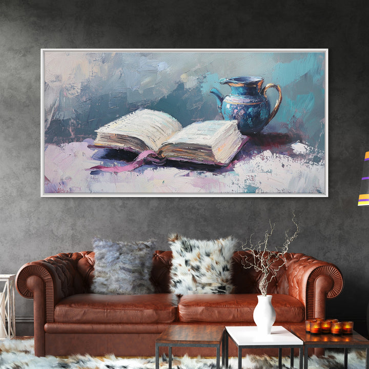 Open Book And Blue Pitcher Wall Art, Cozy Library Home Decor, Reading Nook Art Print, Book Lover Framed Canvas Print Gift