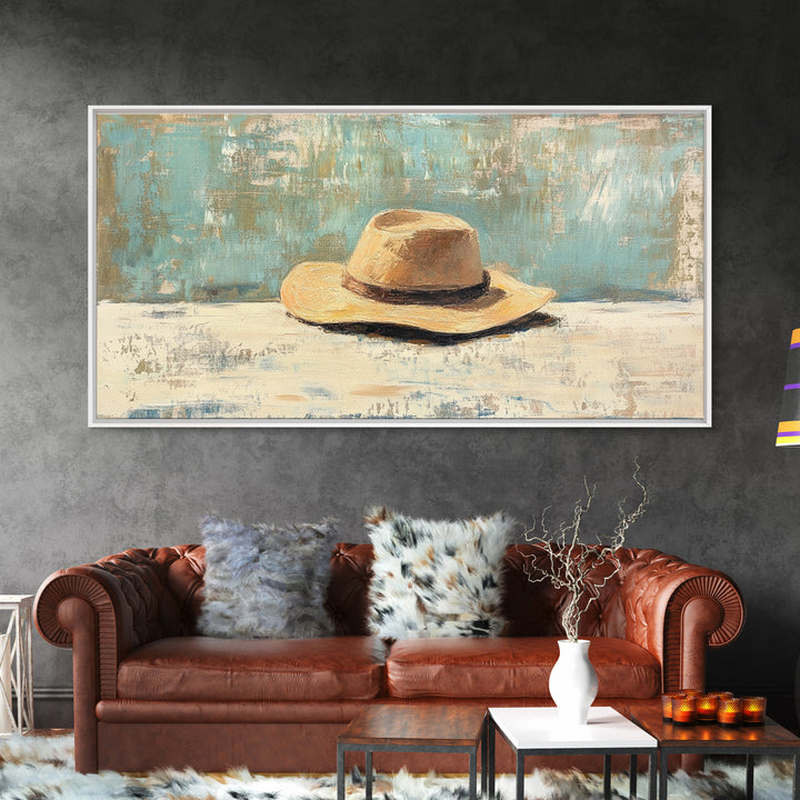 Rustic Straw Cowboy Hat Wall Art, Western Home Decor, Farmhouse Country Art Print, Masculine Framed Canvas Print Gift For Him