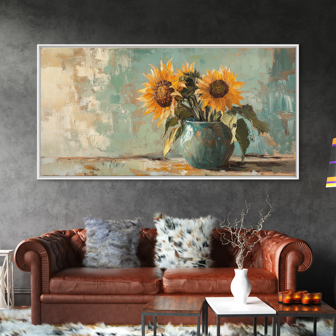 Sunflowers In Turquoise Pitcher Wall Art, Rustic Floral Decor, Country Kitchen Art Print, Farmhouse Framed Canvas Print Gift