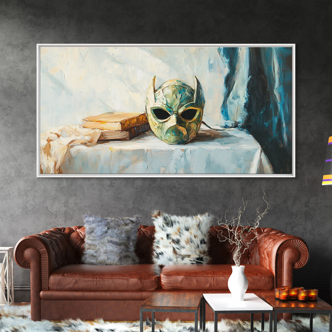 Green Masquerade Mask And Books Wall Art, Gothic Library Decor, Fantasy Dark Academia Art Print, Framed Canvas Print Gift