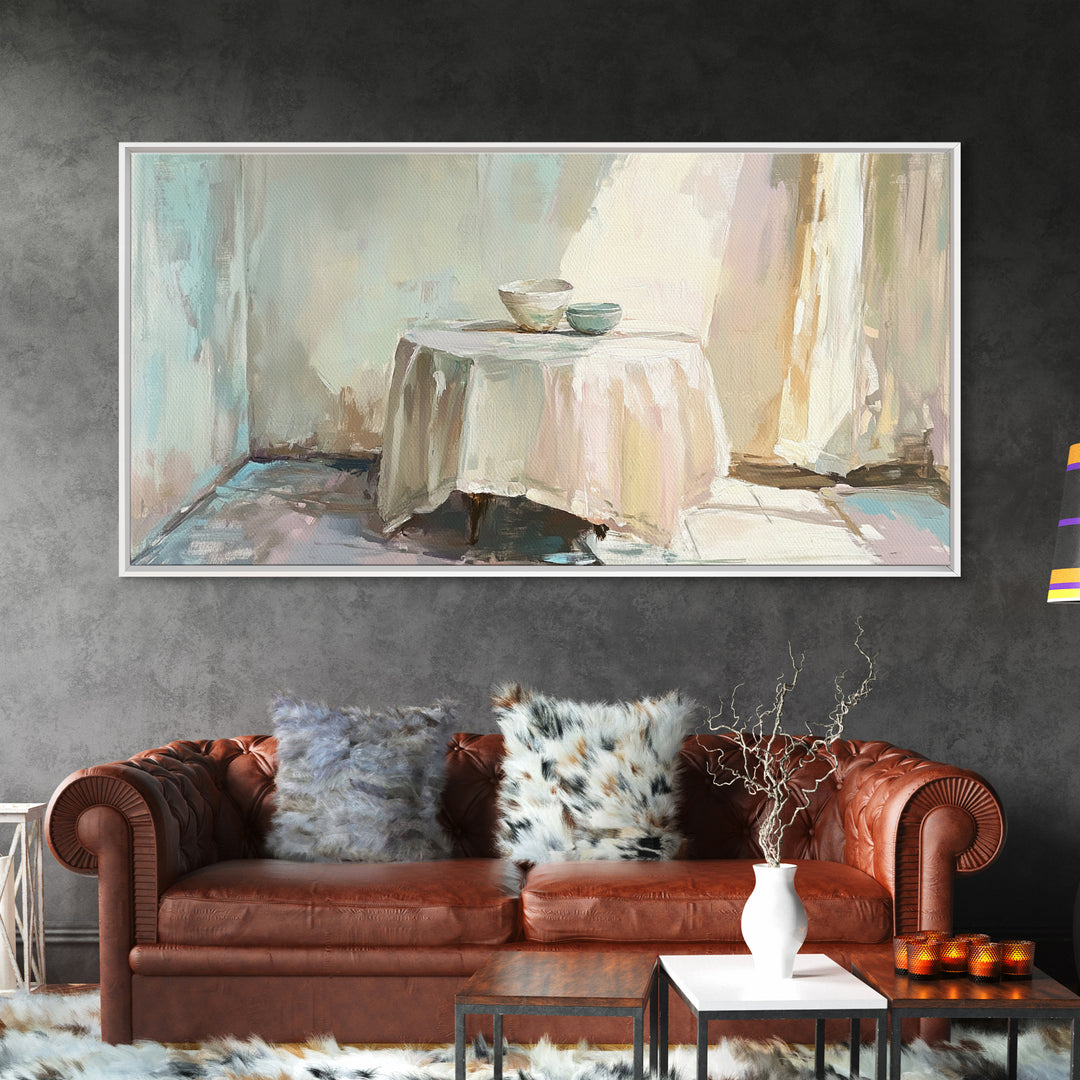 Sunlit Table With Teacups Wall Art, Minimalist Neutral Decor, Cozy Dining Room Art Print, Japandi Framed Canvas Print Gift
