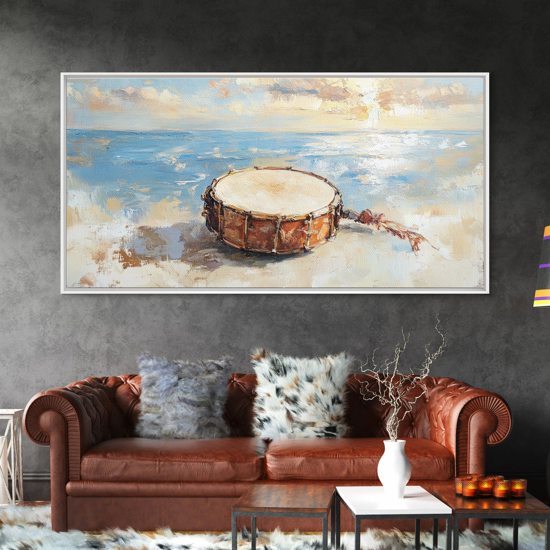 Weathered Beach Drum At Sunrise, Coastal Seascape Framed Canvas Print, Ocean Wall Art, Nautical Decor, Beach House Decor Gift