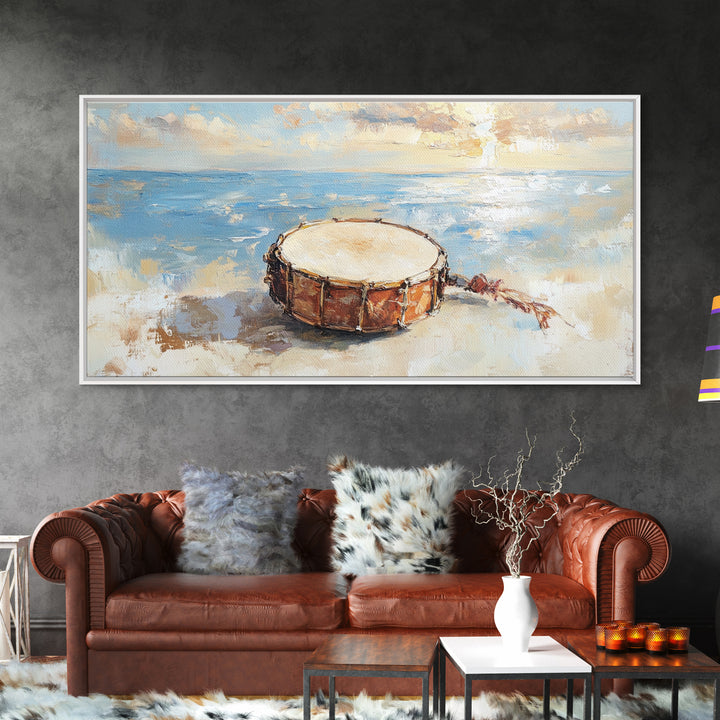 Weathered Beach Drum At Sunrise, Coastal Seascape Framed Canvas Print, Ocean Wall Art, Nautical Decor, Beach House Decor Gift
