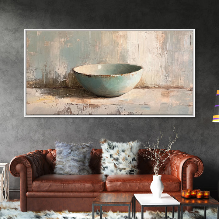 Turquoise Ceramic Bowl Still Life, Minimalist Framed Canvas Print, Neutral Wall Art, Wabi Sabi Decor, Modern Kitchen Art
