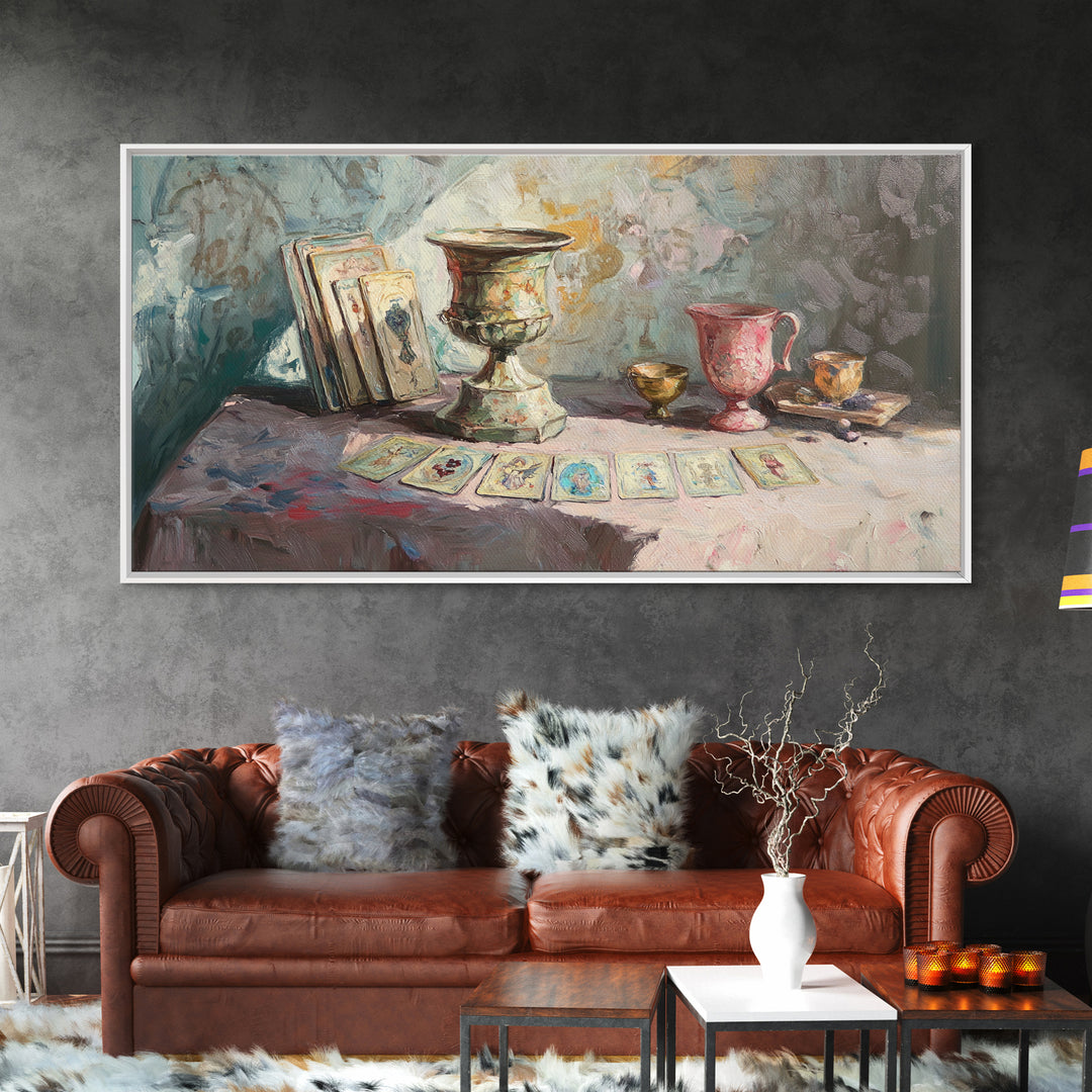 Tarot Cards And Antique Goblets, Mystical Still Life Canvas Print, Witchy Wall Art, Dark Academia Decor, Unique Spiritual Gift