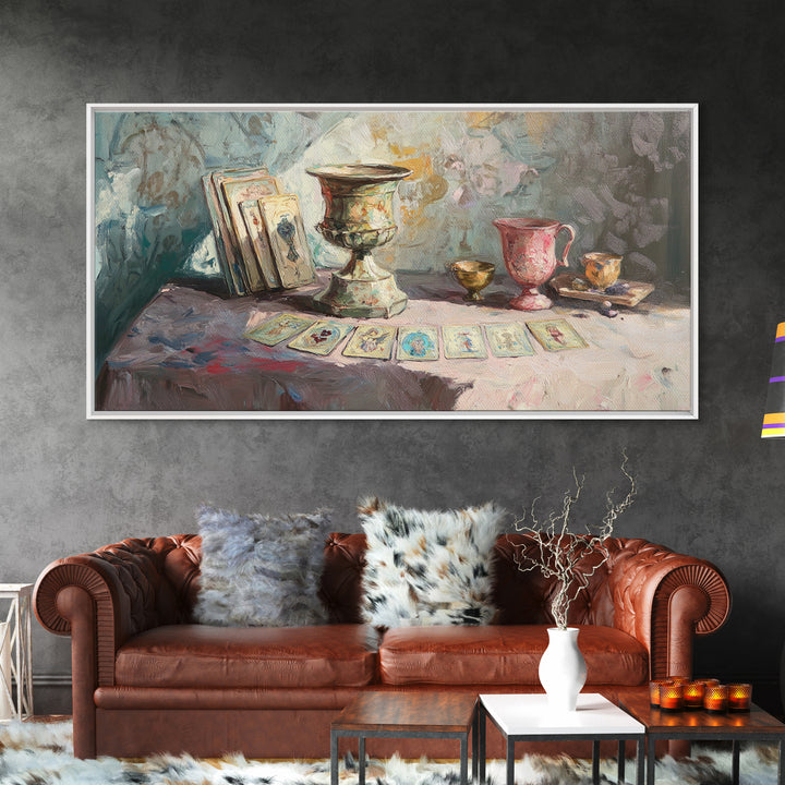 Tarot Cards And Antique Goblets, Mystical Still Life Canvas Print, Witchy Wall Art, Dark Academia Decor, Unique Spiritual Gift