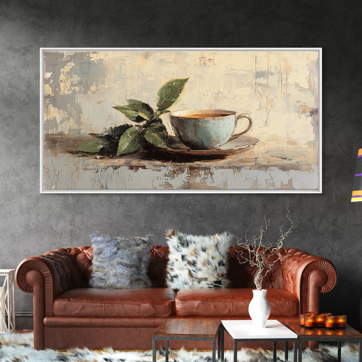 Leafy Coffee Cup Still Life, Rustic Kitchen Canvas Print, Botanical Wall Art, Coffee Bar Decor, Neutral Home Decor Housewarming Gift