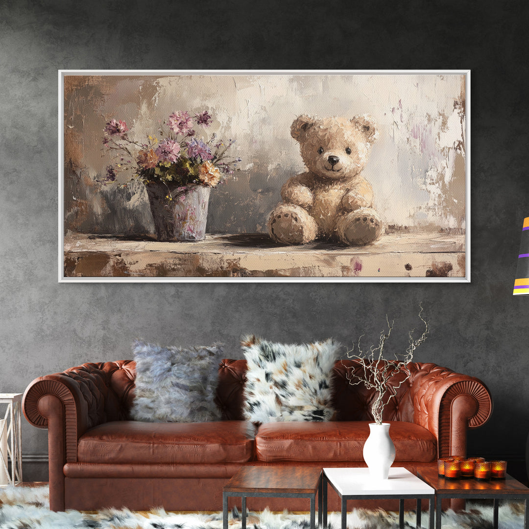 Teddy Bear With Wildflowers, Sweet Nursery Framed Canvas Print, Whimsical Wall Art, Kids Room Decor, Cute Baby Shower Gift