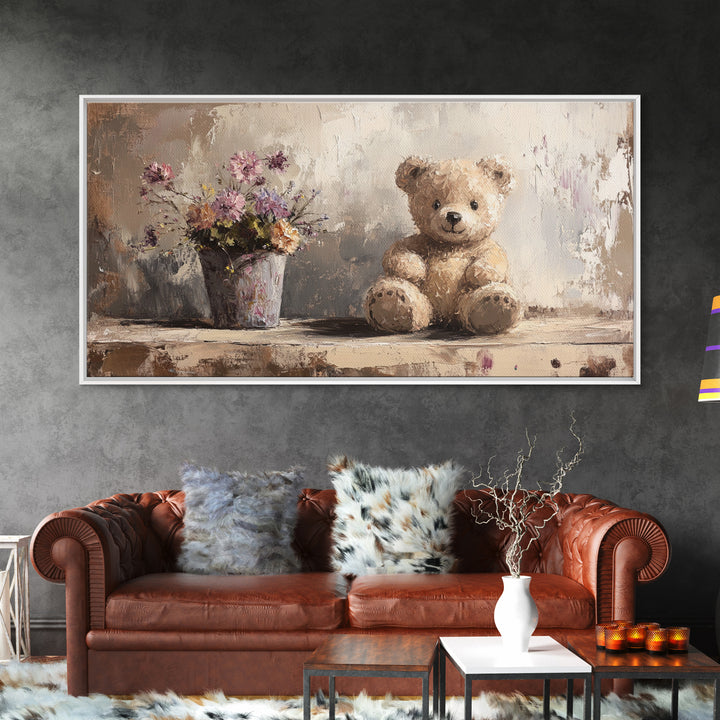 Teddy Bear With Wildflowers, Sweet Nursery Framed Canvas Print, Whimsical Wall Art, Kids Room Decor, Cute Baby Shower Gift