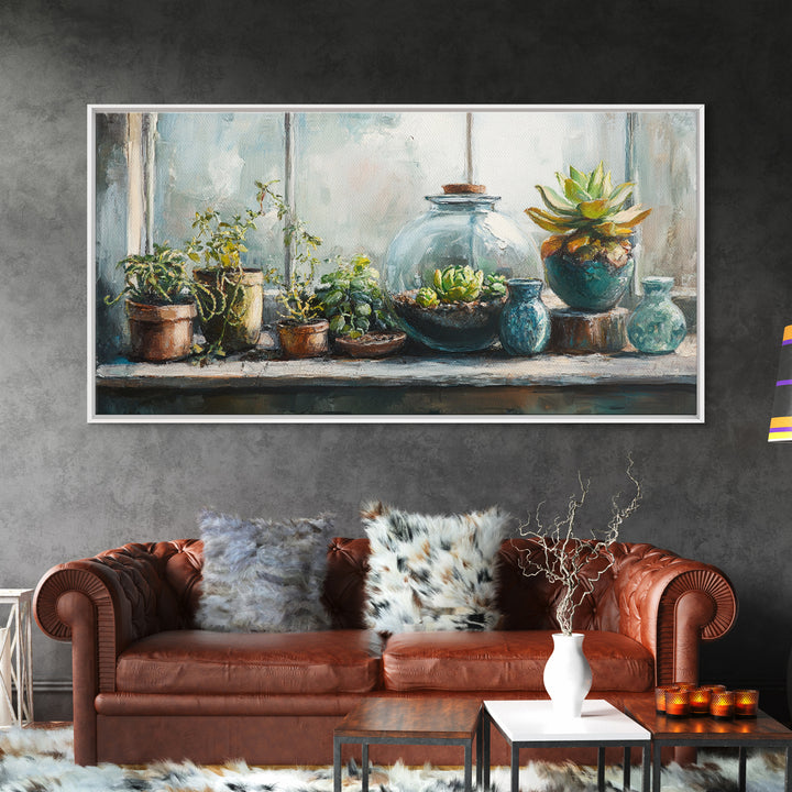 Sunlit Succulent And Potted Plant Wall Art, Botanical Canvas Print, Boho Plant Decor, Nature Inspired Home Decor, Living Room Decor