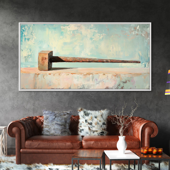 Rusty Hammer On Pale Blue Shelf Wall Art, Industrial Tool Canvas Print, Garage Decor, Workshop Office Decor, Gift For Him