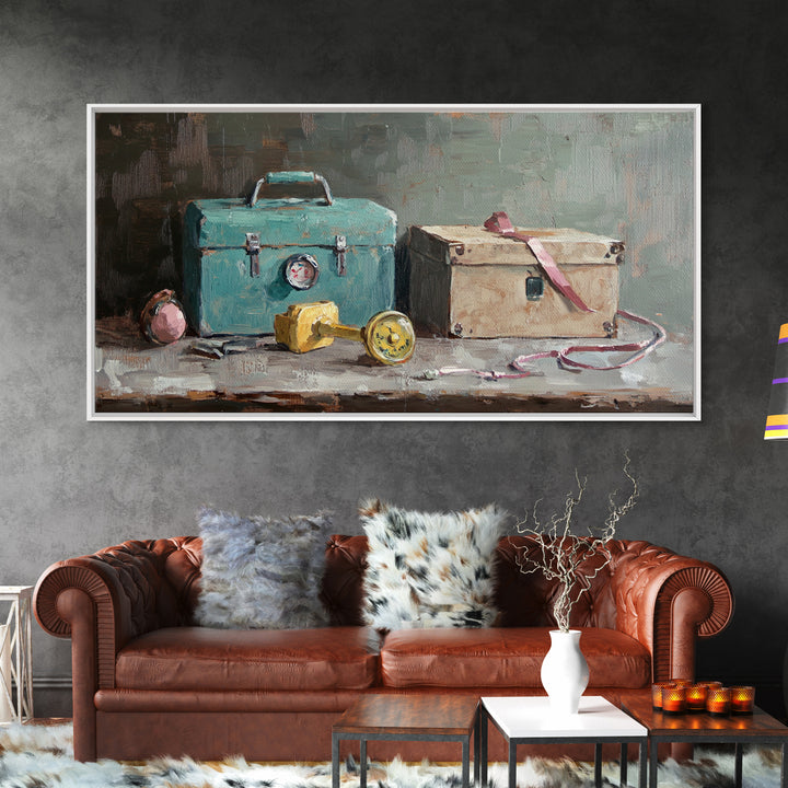 Turquoise Toolbox And Cardboard Box Wall Art, Industrial Still Life Canvas Print, Garage Decor, Workshop Office Decor, Gift For Him