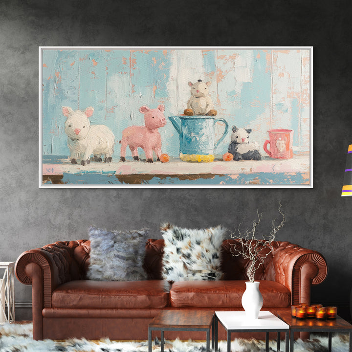 Sweet Farm Animal Toys On Shelf Wall Art, Whimsical Nursery Canvas Print, Kids Room Decor, Baby Animal Art, Gift, Playroom Decor