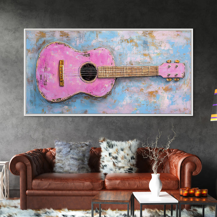 Pink Acoustic Guitar Painting Canvas Print, Music Studio Wall Art, Retro Music Room Decor, Gift For Guitar Lover And Home Decor