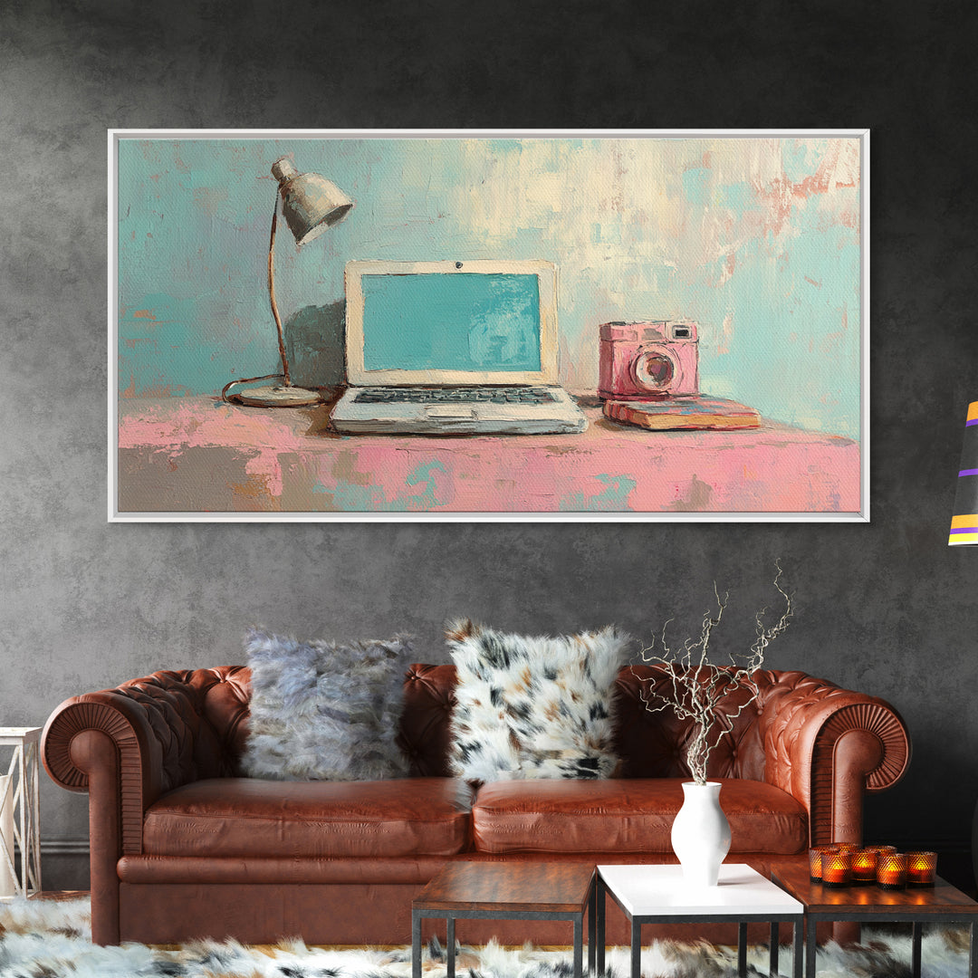 Pastel Laptop Lamp And Camera Desk Wall Art, Home Office Decor, Tech Lover Art Print, Modern Study Room Canvas Print For Apartment Decor