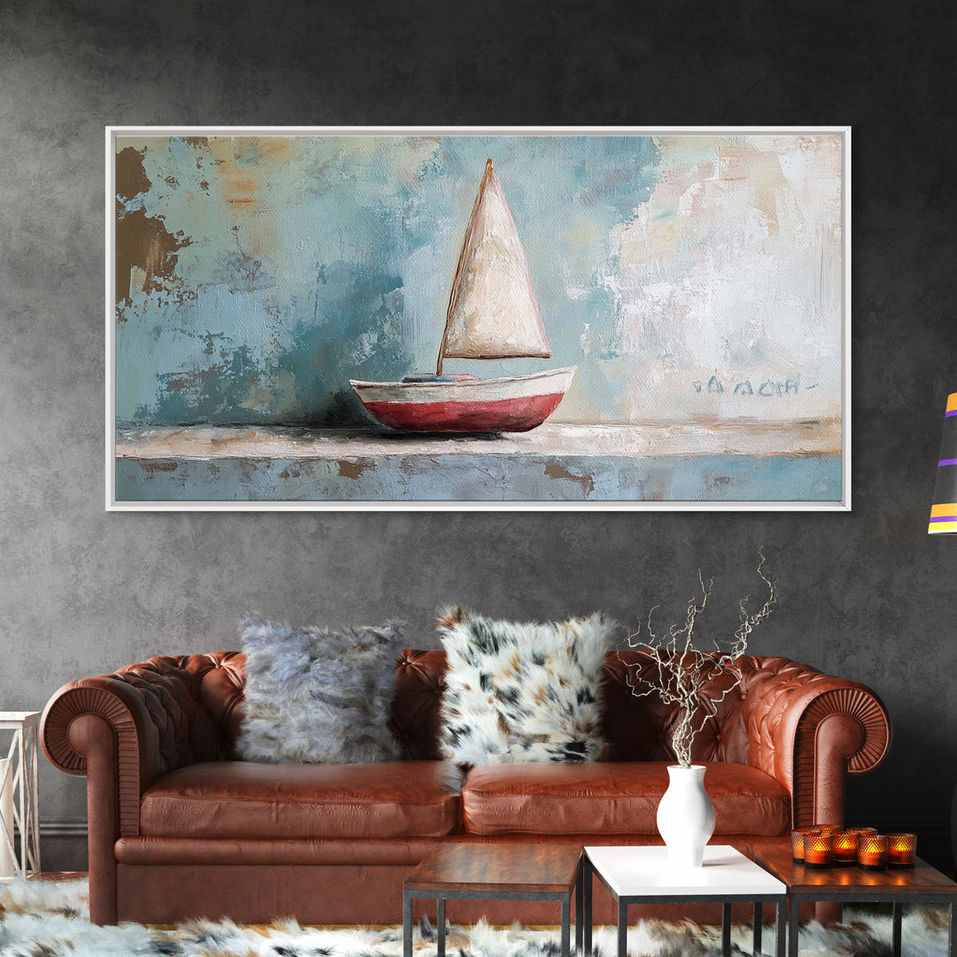 Red And White Sailboat Still Life Canvas Print, Nautical Wall Art, Coastal Home Decor, Beach House Gift And Ocean Nursery Decor
