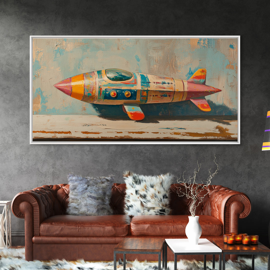 Retro Tin Toy Rocket Framed Canvas Print, Space Wall Art, Sci Fi Nursery Decor, Boys Room Art Gift For Space Lover Retro Space Decor