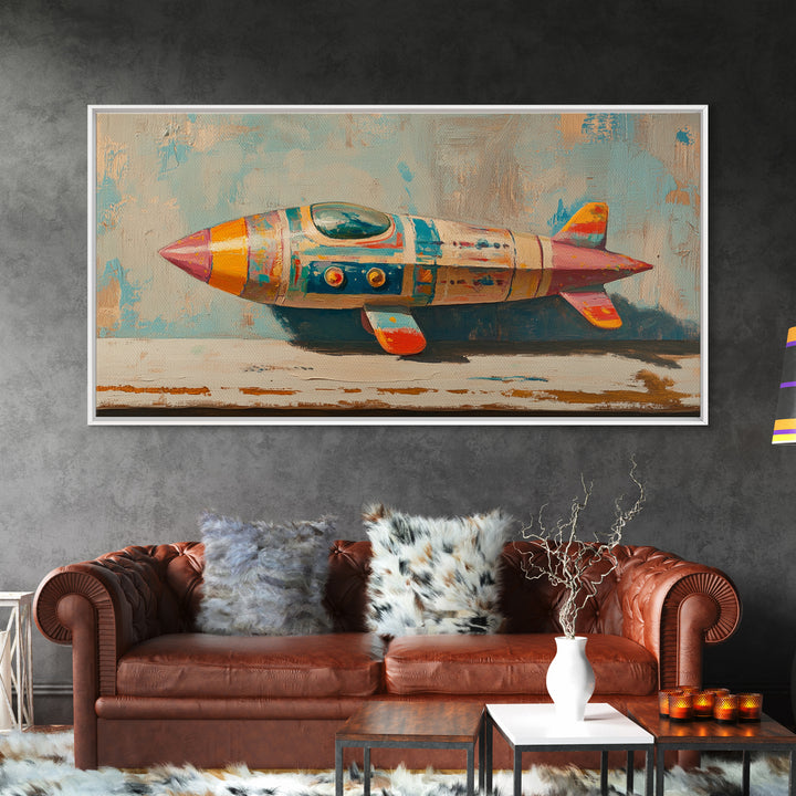 Retro Tin Toy Rocket Framed Canvas Print, Space Wall Art, Sci Fi Nursery Decor, Boys Room Art Gift For Space Lover Retro Space Decor