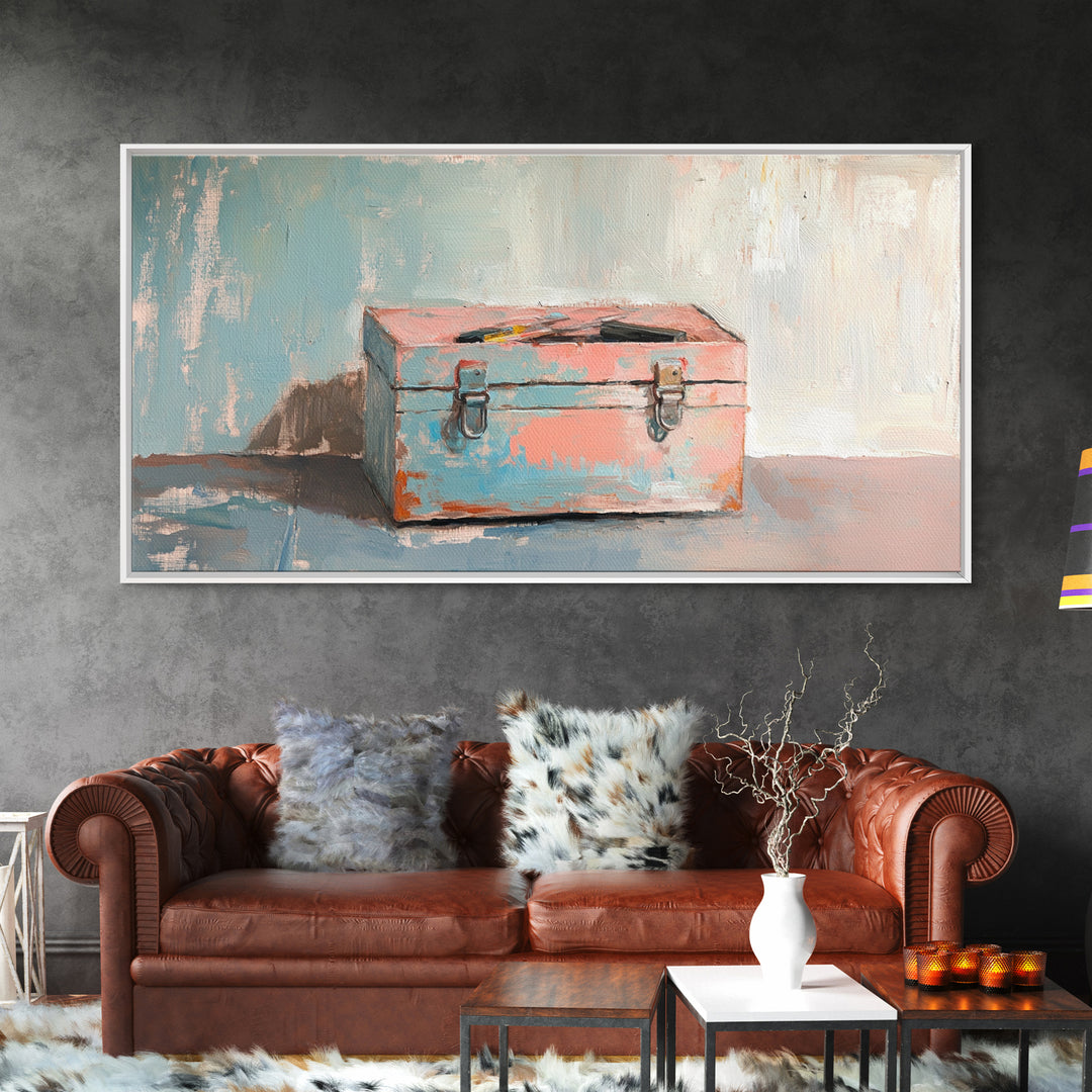 Rustic Pink And Blue Toolbox Canvas Print, Industrial Wall Art, Garage Decor, Mechanic Gift For Workshop And Office Home Decor